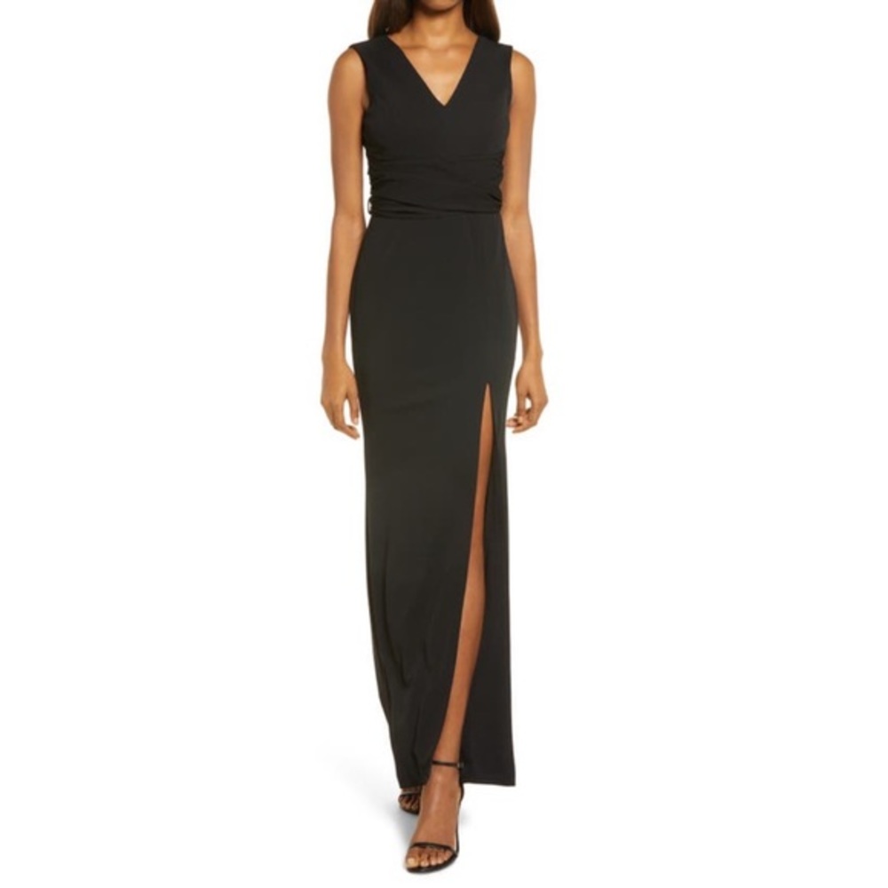Dress the Population Agathe Crepe Wrap Waist Dress In Black Size Medium NWT
